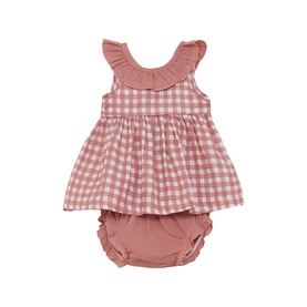 Street Monkey Pink Check baby 2-piece set with ruffle collar dress top and matching bloomers
