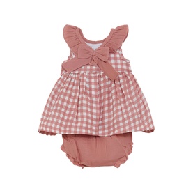 Street Monkey Pink Check baby 2-piece set with gingham flutter-sleeve dress with bow detail and matching bloomers