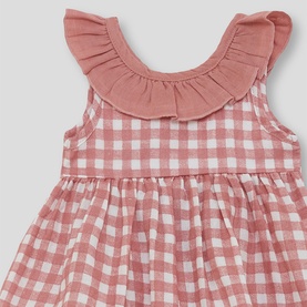 Street Monkey Pink Check baby 2-piece set, sleeveless gingham dress with ruffle collar detail, close-up view
