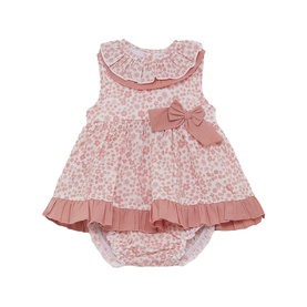 Street Monkey Pink Print baby 2-piece set with floral dress featuring ruffle trim, bow detail, and matching bloomers