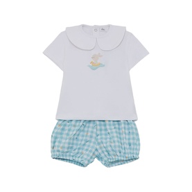 Street Monkey white/turquoise 2-piece baby set with duck embroidered collar top and gingham bloomer shorts