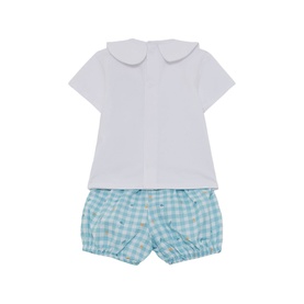 Street Monkey 2-piece baby set in white and turquoise; white peter pan collar top and gingham bloomer shorts, shown flat.