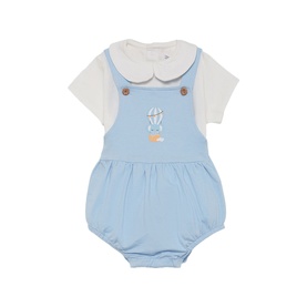 Street Monkey blue and white baby 2-piece set with white collared tee and light blue dungaree romper with hot air balloon embroidery