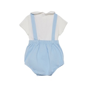 Street Monkey blue and white baby 2-piece set, rear view showing white short-sleeve bodysuit with light blue dungaree shorts and braces.