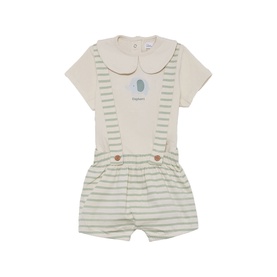 Street Monkey green and ecru striped 2-piece baby set with collared bodysuit top and braces shorts