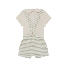 Street Monkey Green/Ecru baby 2-piece set with striped dungaree shorts and plain peter pan collar tee, rear view