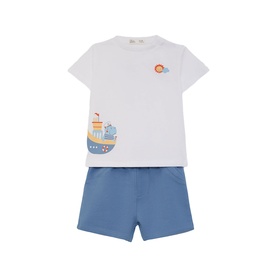 Street Monkey white/blue 2-piece baby set with animal ark graphic T-shirt and plain blue shorts
