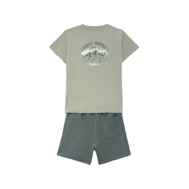 Street Monkey green 2-piece children's set, back view of sage green graphic tee and dark green shorts