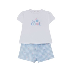 Street Monkey blue 2-piece baby set: white graphic tee with "Born Cool" slogan and blue gingham check shorts