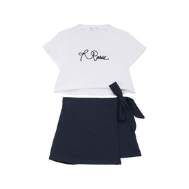 Street Monkey white/navy 2-piece set; white logo T-shirt and navy wrap mini skirt with bow tie detail