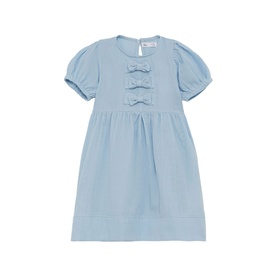 Street Monkey blue short puff-sleeve dress with three bow details on front placket, empire waist, children's