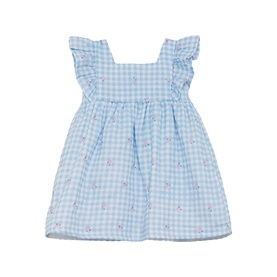 Street Monkey baby dress in blue gingham with floral embroidery, flutter sleeves, square neckline and gathered skirt
