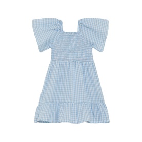 Street Monkey blue gingham check dress with flutter sleeves, square neck, smocked bodice and tiered ruffle hem
