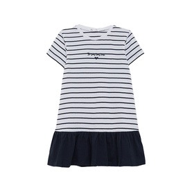 Street Monkey children's white and navy stripe short-sleeve dress with navy frill hem and embroidered chest detail