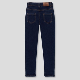 Street Monkey children's indigo jeans, rear view showing five-pocket design with contrast stitching and leather-look patch