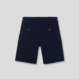 Street Monkey navy cargo shorts for children, back view showing two buttoned flap pockets and belt loops