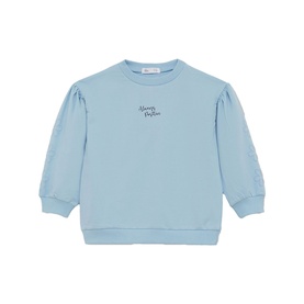 Street Monkey blue sweat top with puff sleeves, crew neck, and script logo embroidery at chest