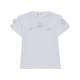 Street Monkey children's white T-shirt with 3D floral rosette appliqu&eacute;s on chest and sleeves, short sleeves