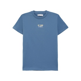 Street Monkey blue children's T-shirt with embroidered "Good Vibes" slogan at chest, crew neck, short sleeves