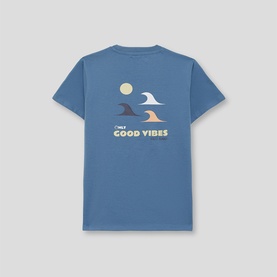 Street Monkey children's blue t-shirt, back view, with surf fin and wave graphic print and "Only Good Vibes" slogan
