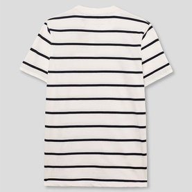 Street Monkey children's white T-shirt with navy horizontal stripes, short sleeves, shown from the back.