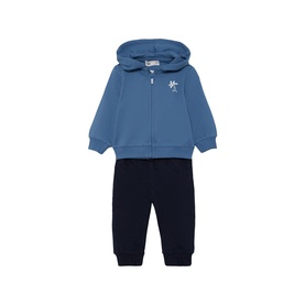 Street Monkey baby tracksuit in blue and navy, featuring zip-up hooded top with small logo and coordinating jogger trousers