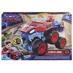 Spider-Man 2-In-1 Super Chompin' Tank toy vehicle in red and blue with oversized wheels and projectile launcher, shown with mini vehicle