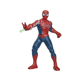 Superheroes Power-Charge Spider-Man action figure in red and blue suit, posed with green web-shooting accessory. Includes 3 accessories.