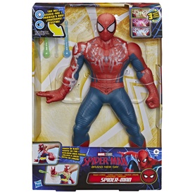 Superheroes Power-Charge Spider-Man action figure in red and blue, includes 3 accessories, shown in packaging with light-up feature details.