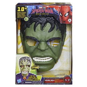 Superheroes Savage Hulk Talk'n Electronic Mask in green with realistic face sculpt and black hair detail, shown in packaging.