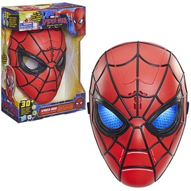 Superheroes Spider-Man Wisecrackin' Glow Mask in red with light-up blue eyes, shown beside its packaging box.