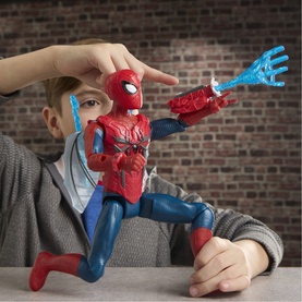 Superheroes Ultimate Web Gear Spider-Man action figure with blue web accessory, shown in play scene with child's hands, red and blue suit