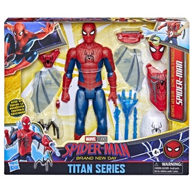 Superheroes Ultimate Web Gear Spider-Man action figure in red and blue suit, shown with 12 accessories including web gear, mask and claws.