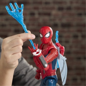 Superheroes Ultimate Web Gear Spider-Man action figure with blue web accessories, shown in child's hands, multicoloured with wing details