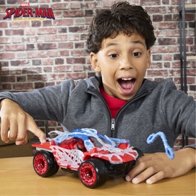 Marvel Spider-Man ActionVerse Stretch & Blast Buggy Playset with red off-road buggy and web projectiles, shown with excited child playing