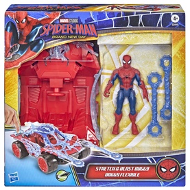 Marvel Spider-Man ActionVerse Stretch & Blast Buggy Playset with red figure, red vehicle, and 2 blue stretchable web projectiles included.