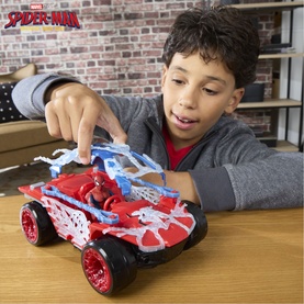 Child playing with Marvel Spider-Man ActionVerse Stretch & Blast Buggy Playset, red and blue buggy with web projectiles and Spider-Man figure