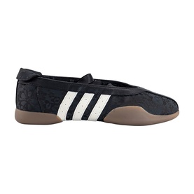 Adidas ballet flat in black floral texture with off-white three stripes and gum sole, women's shoe