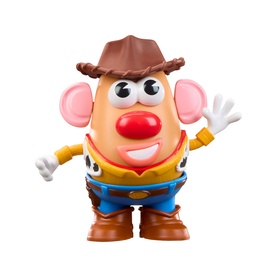 Toy Story Mr Potato Head Woody figure, brown cowboy hat, red nose, blue outfit with yellow accents, waving hand