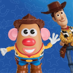 Toy Story Mr. Potato Head dressed as Woody figurine with Woody character graphic on blue background