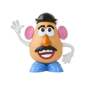Toy Story Mr. Potato Head figure with black hat, moustache, pink ears, and blue shoes, waving hand