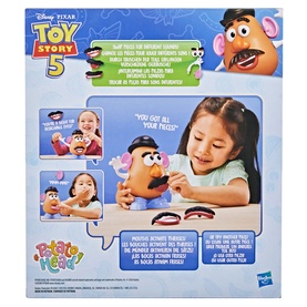 Toy Story Mr. Potato Head interactive toy set back of packaging, shown with child playing, multi-coloured accessories included