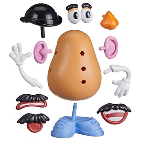Toy Story Mr. Potato Head figure with assorted mix-and-match facial features including eyes, ears, mouth and hat pieces, in multi colours.