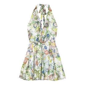 Halterneck mini dress in white with multicolour tropical floral print, deep V-neckline, cinched waist, and full skirt