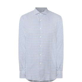 Gherardi casual shirt in multi blue gingham check, spread collar, long sleeves, cotton-cashmere blend