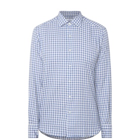 Gherardi dark blue gingham check cotton casual shirt with spread collar, long sleeves, and curved hem