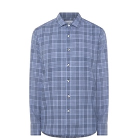 Gherardi dark blue cotton check casual shirt with spread collar and button placket, long sleeves