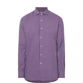 Gherardi burgundy cotton casual shirt with small check pattern, button-front placket, and pointed collar