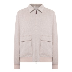Herno cream wool-cashmere casual jacket with point collar, zip front, twin patch pockets, and ribbed hem