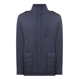 Herno navy casual jacket with zip front, epaulettes, chest pocket and large flap pockets at hem
